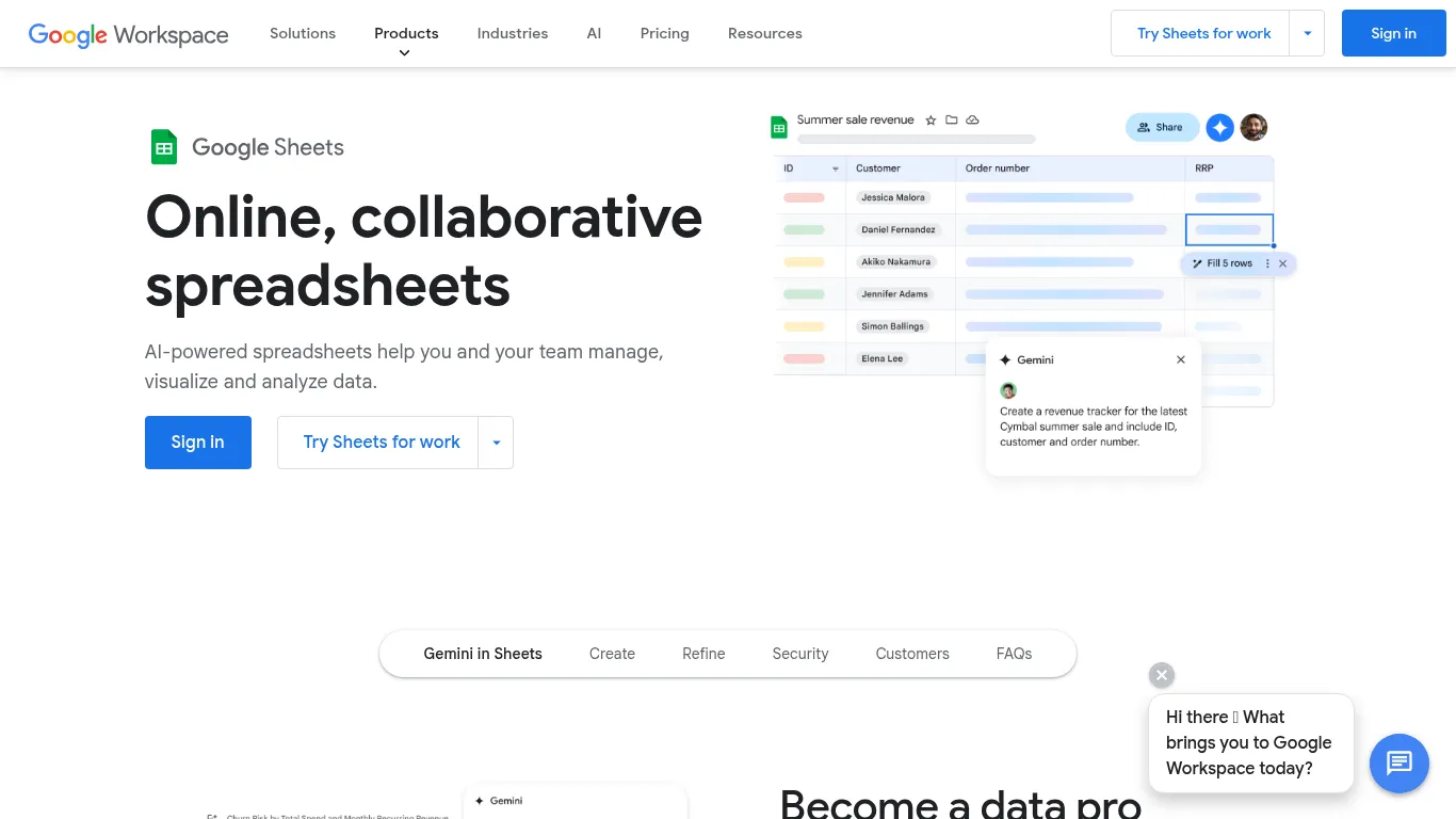 Page d’accueil Google Sheets - aperçu des fonctionnalités collaboratives et IA