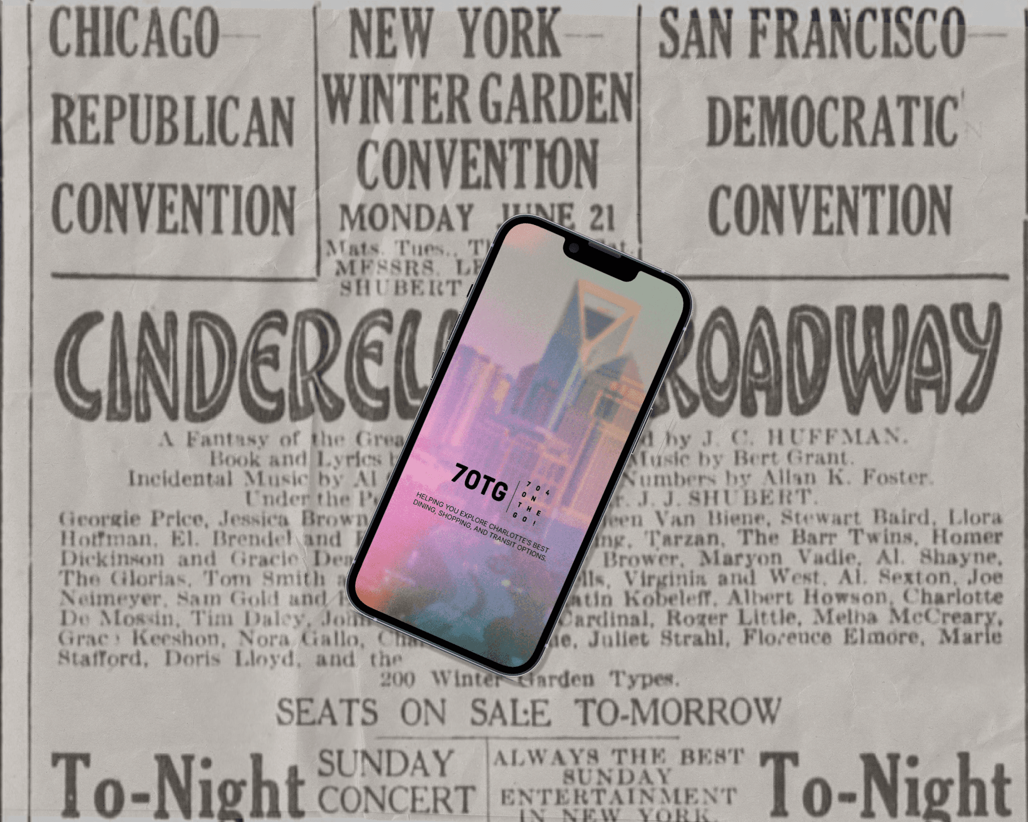 A mockup of a mobile for 704OTG! Background image of a newspaper entertainment section.