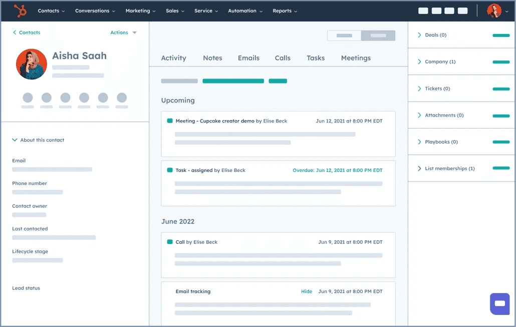 Hubspot CRM's main interface with contacts panel open