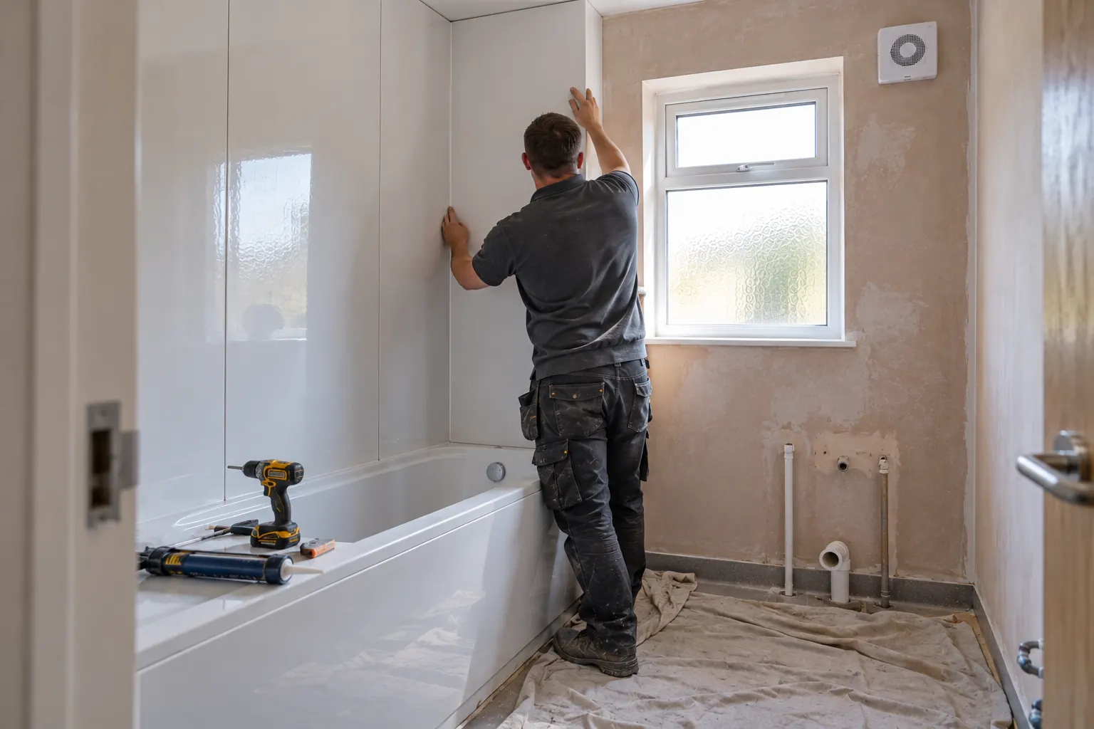 Tradesperson fitting white wall panels around a new bath during a council house bathroom replacement