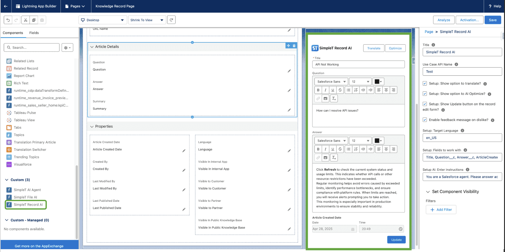 SimpleT Record AI Component Setup on Salesforce Record Page