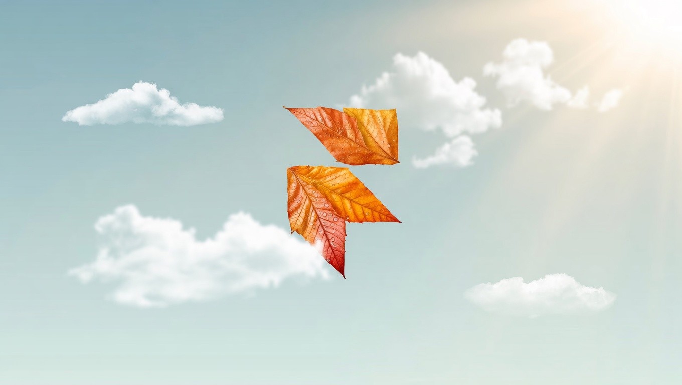 Two autumn leaves form a lightning bolt against a clear sky, dotted with fluffy clouds and sunlight. The scene evokes a sense of whimsy and creativity.