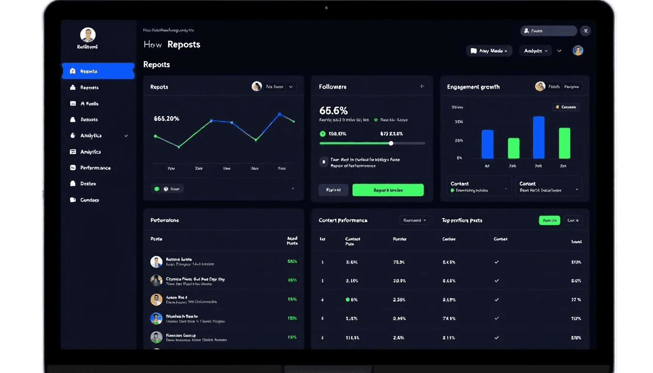 The image depicts a social media management dashboard displaying repost analytics and performance metrics, showcasing various graphs and data points related to user engagement on social media platforms. It highlights trends in reposting content, audience interaction, and performance across different social media sites, emphasizing the importance of social media marketing for businesses and creators.