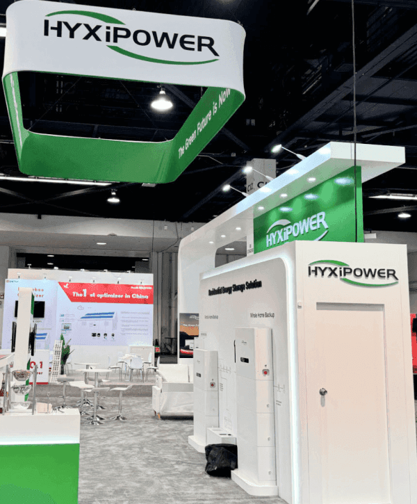 Detailed view of a 20x30 RE+ Southeast booth showing technical storytelling layout, sample display structure, and clean-energy buyer conversation area
