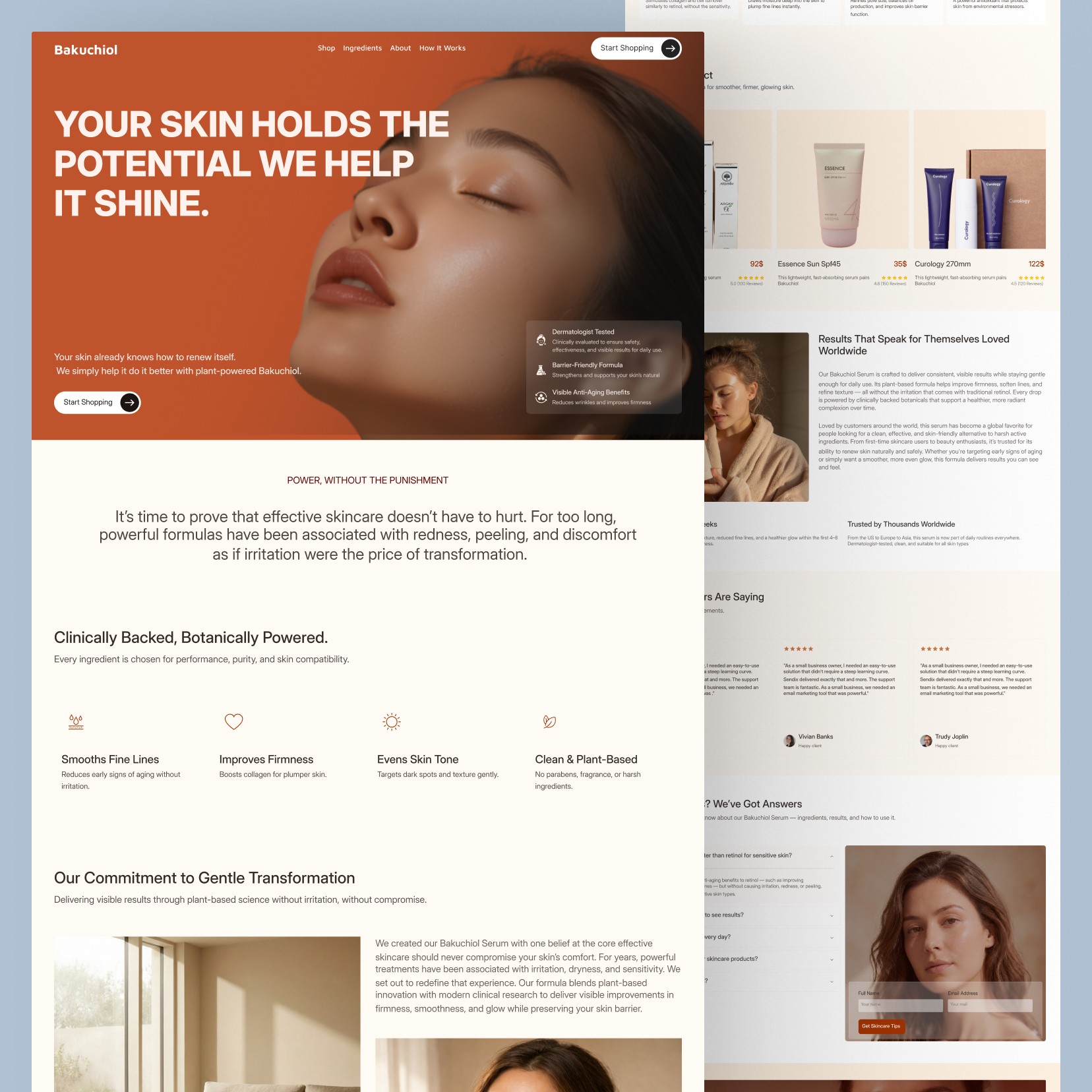 Premium bakuchiol skincare eCommerce homepage UI design for global beauty brand