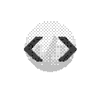 Pixelated black-and-white circular graphic with two arrow-like shapes pointing outward, forming an abstract design.