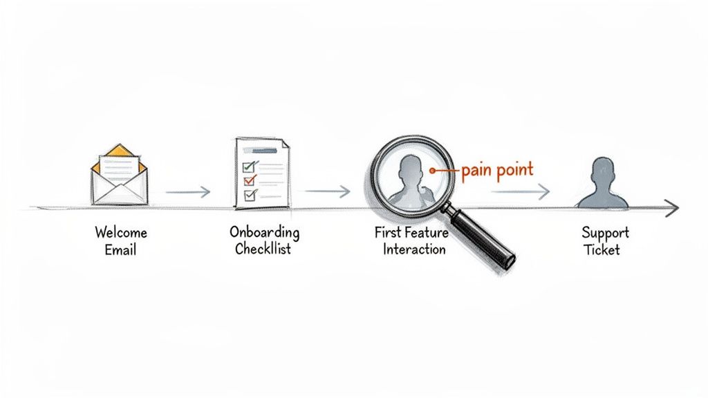 Customer onboarding process diagram from welcome email to support ticket, highlighting a first feature interaction pain point.