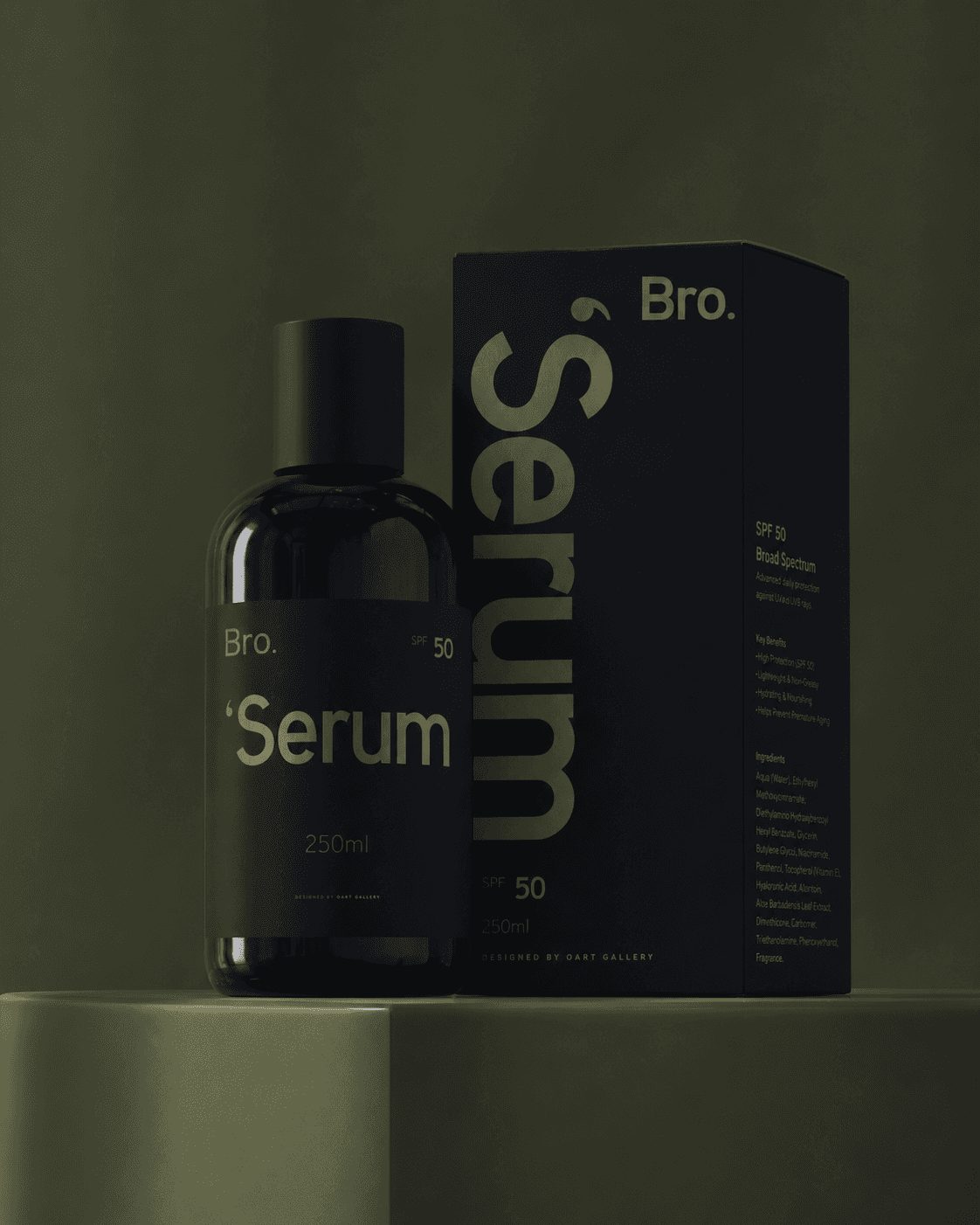 Bro. Serum bottle and box with SPF 50 label.
