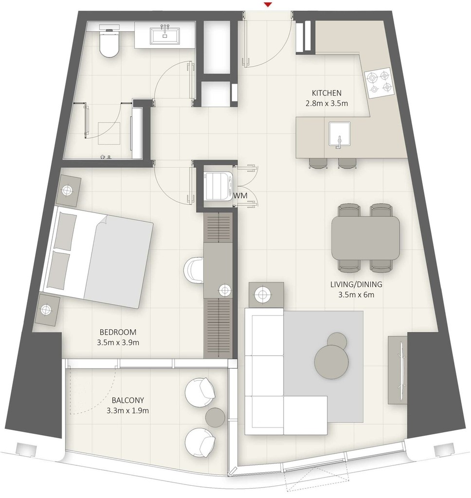 Layout of a one-bedroom apartment at Liv Lux, Dubai, illustrating the design and flow of the living areas.