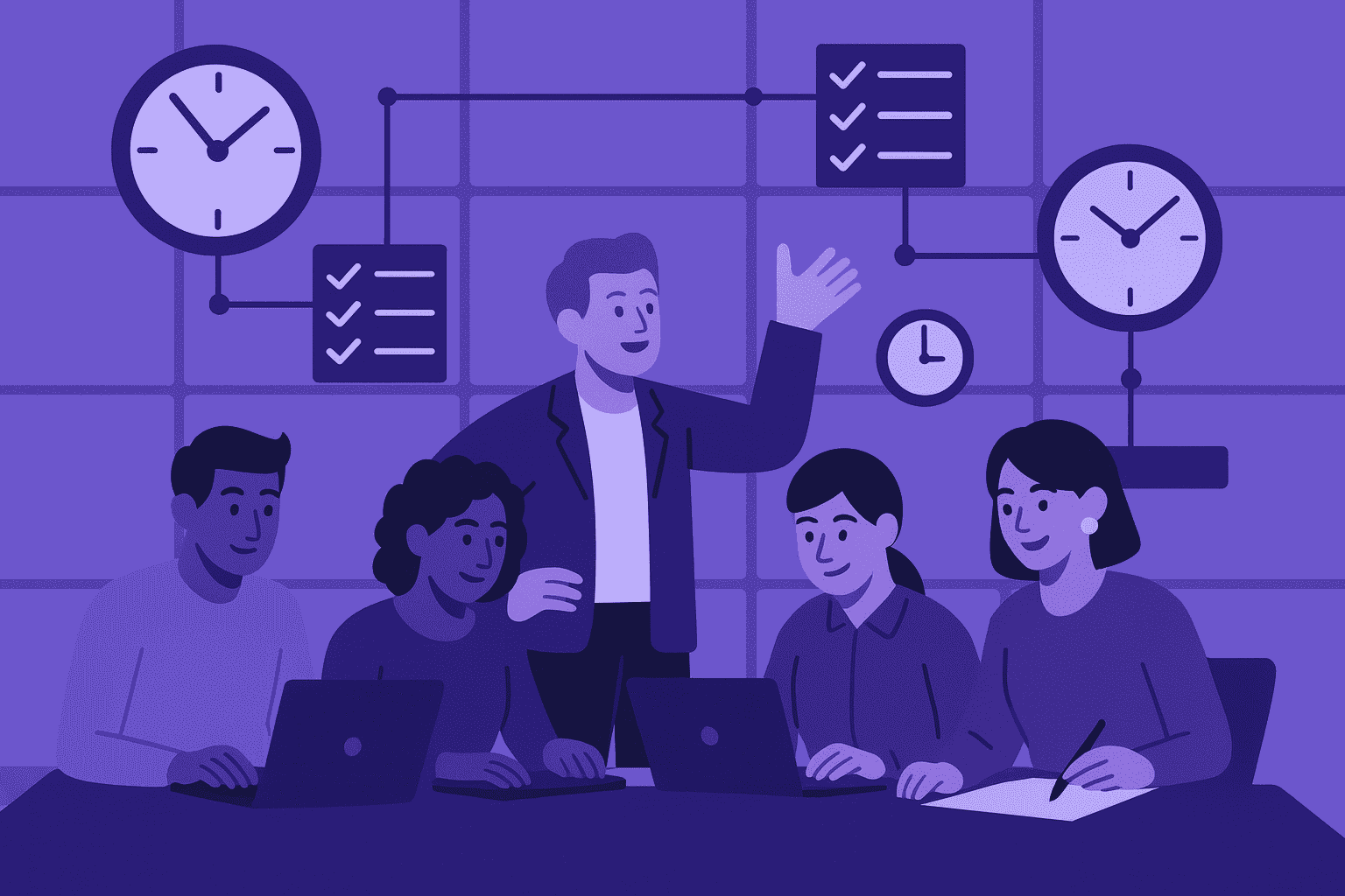 A flat-style digital illustration of a diverse team working efficiently within an organized time grid, surrounded by clocks and workflow connections symbolizing smart time use and productivity.