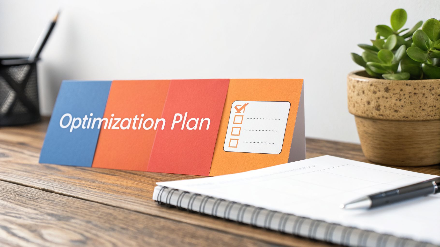Desk card showing 'Optimization Plan' with a checklist, notebook, pen, and green plant.