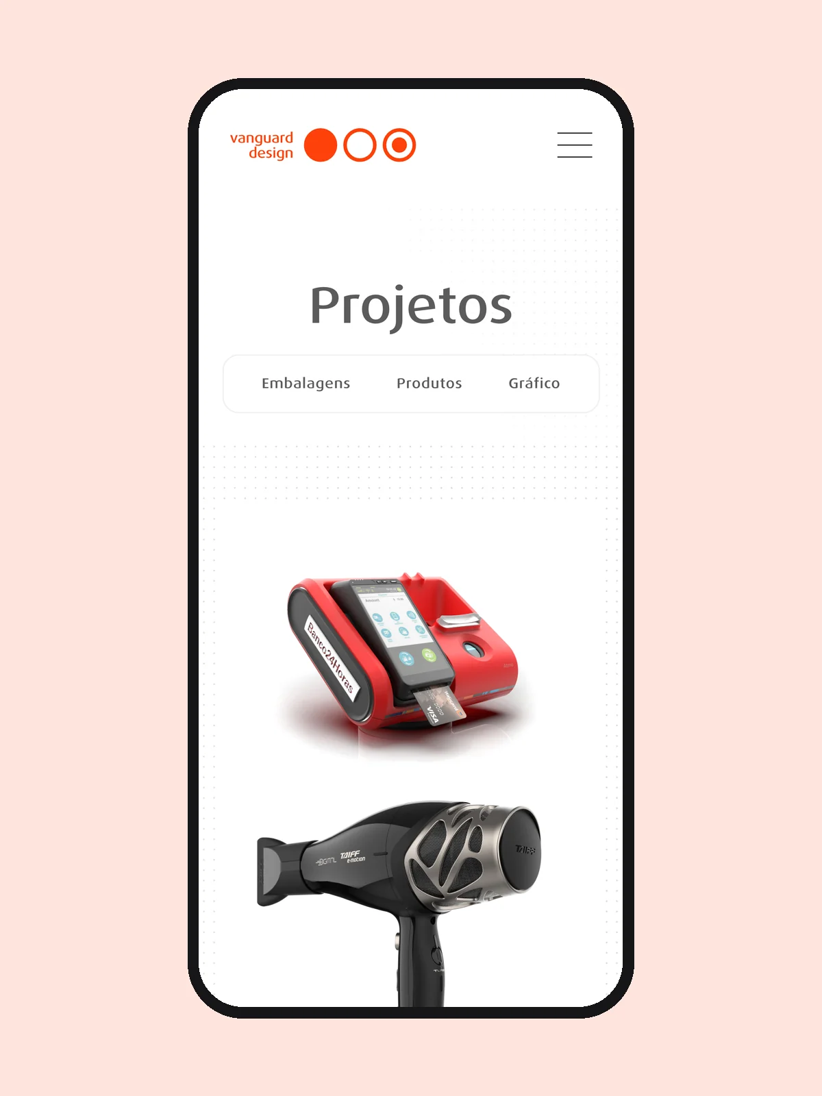 Página de projetos do site da Vanguard Design no celular