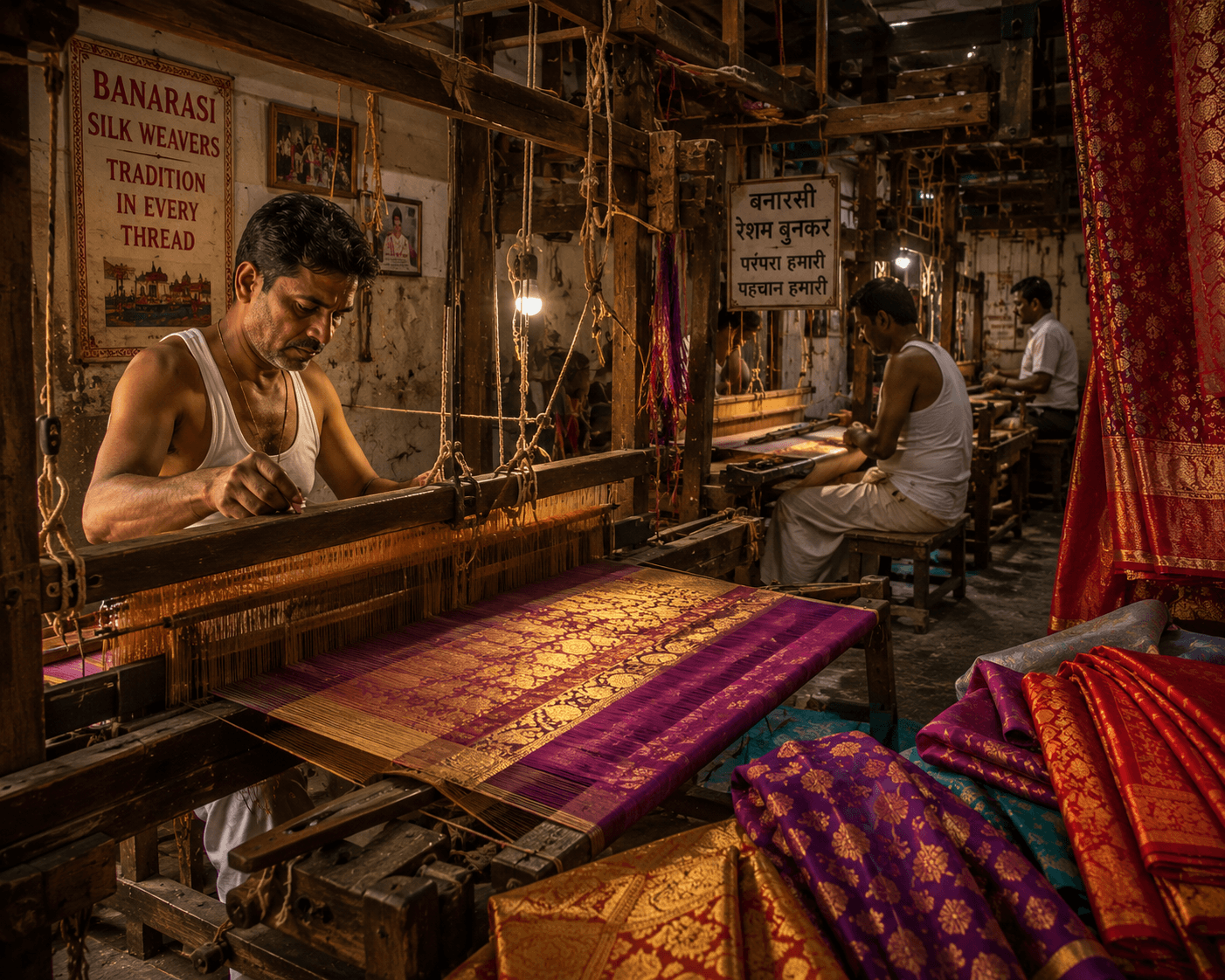 People working with colorful fabric inside a shop.