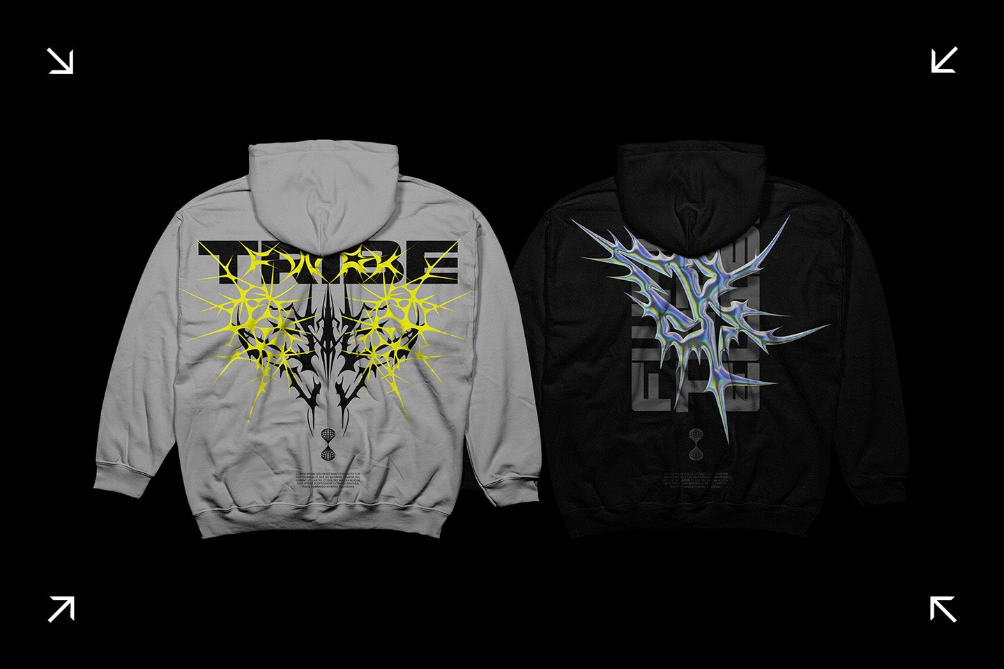 Tribalism vector shapes used in streetwear hoodie graphic design mockups