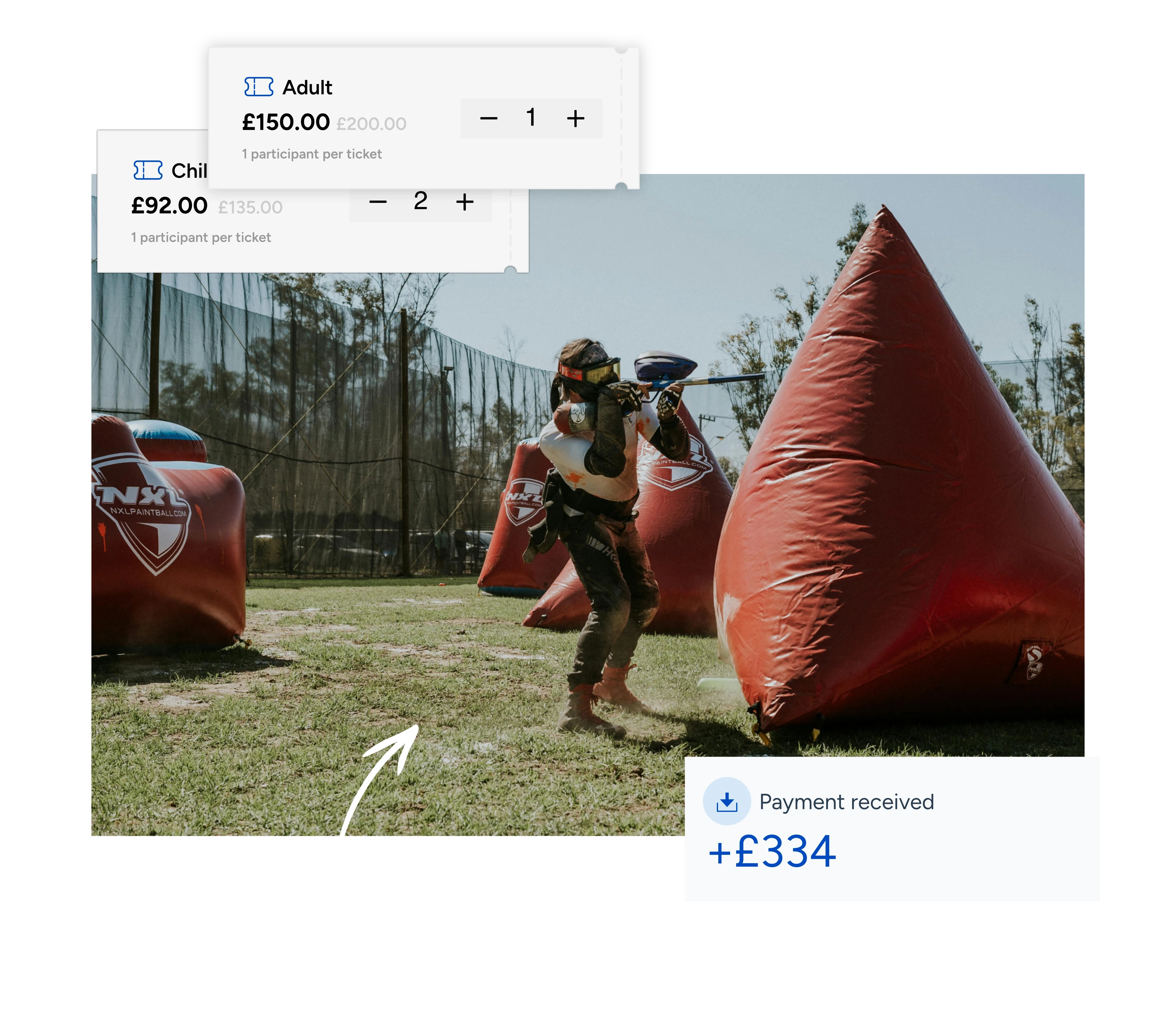 A paintball player aiming from behind a coloured beanbag