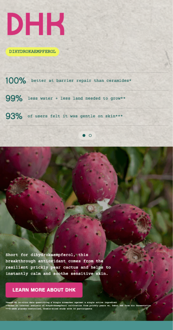 Mobile ingredient spotlight section explaining DHK skincare benefits