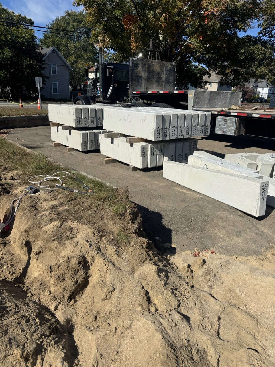 Precast concrete wall blocks staged at the site, by A&M Construction Enterprises