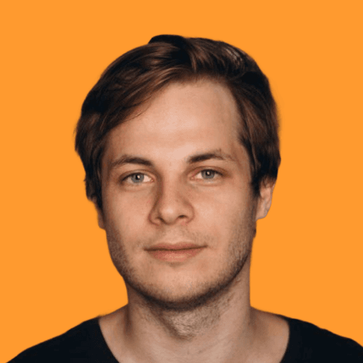 persona portrait image man with orange background and person's image on top