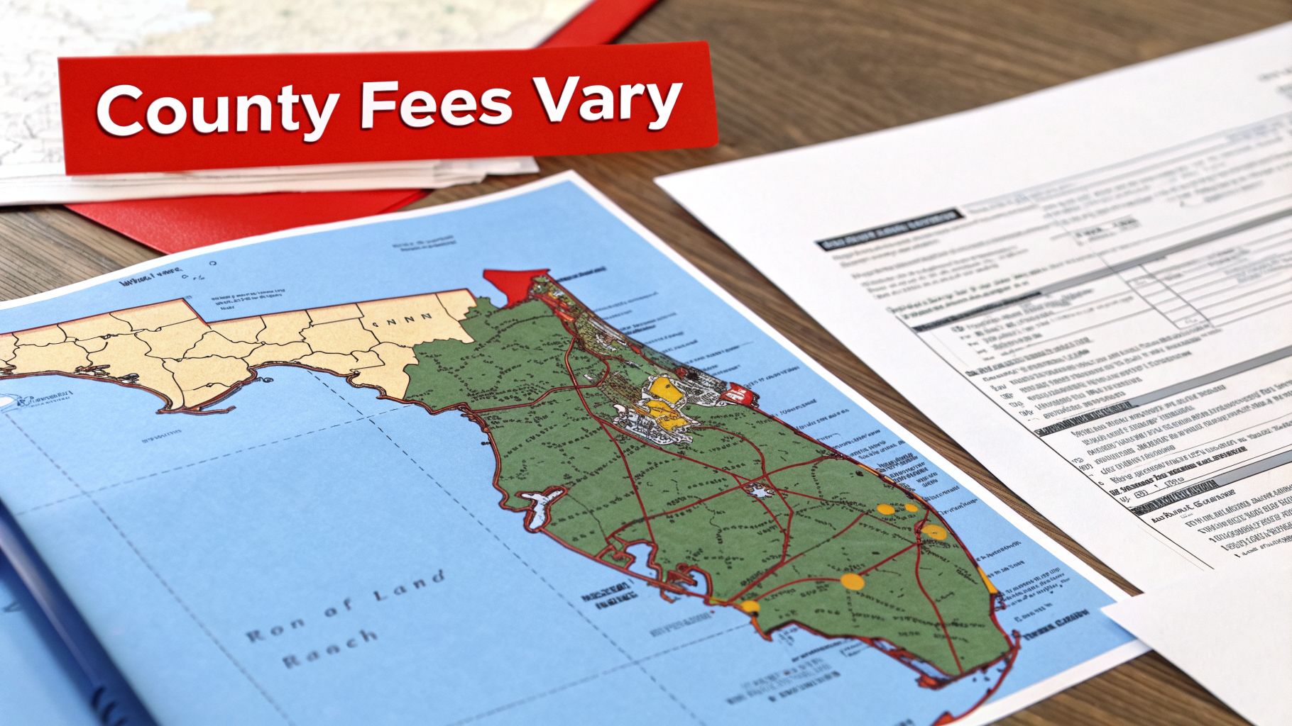 A map of Florida with documents and a red sign that reads 'County Fees Vary', indicating varying costs.