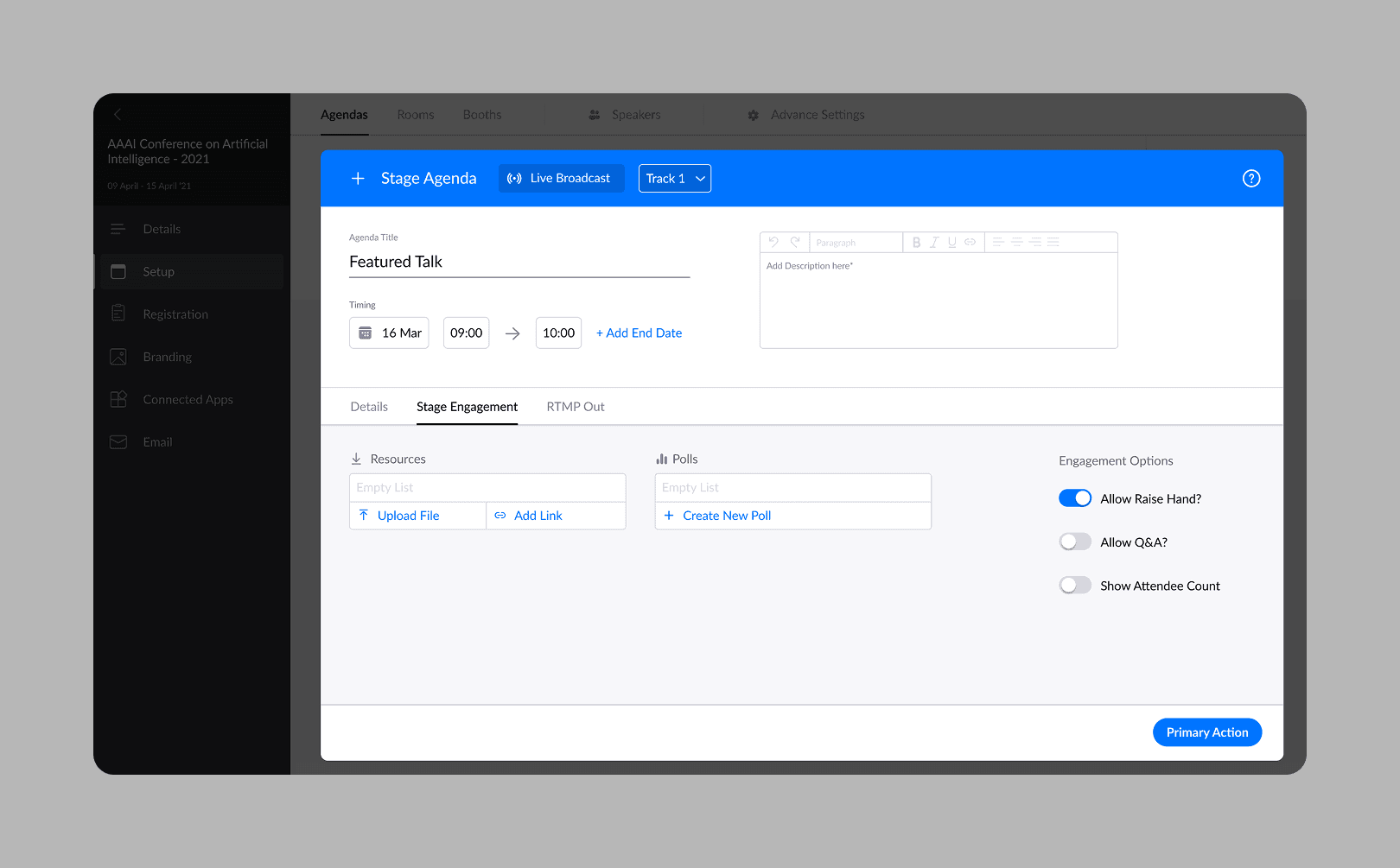 Detailed stage configuration interface allowing organizers to control timing, content, and audience engagement features such as polls, Q&A, and raised hands.