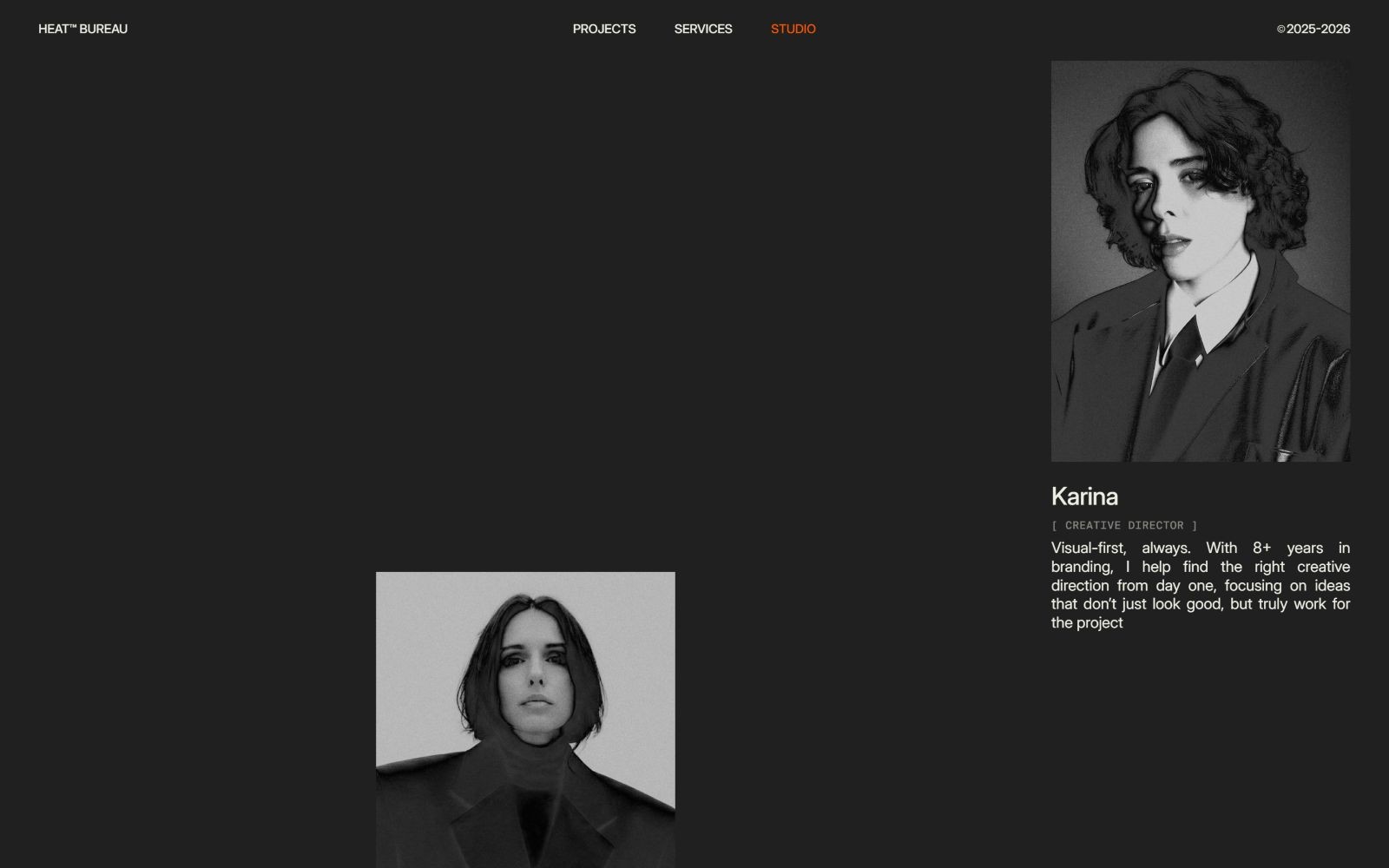 Black-and-white portraits of two individuals wearing suits on a dark website background. Text on the right reads about Karina, a creative director.