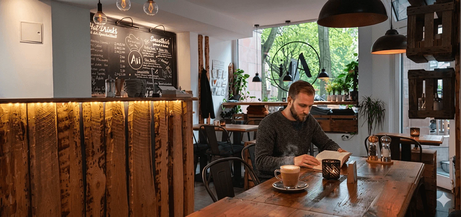 Tisch mit Heißgetränk und Speisekarte
