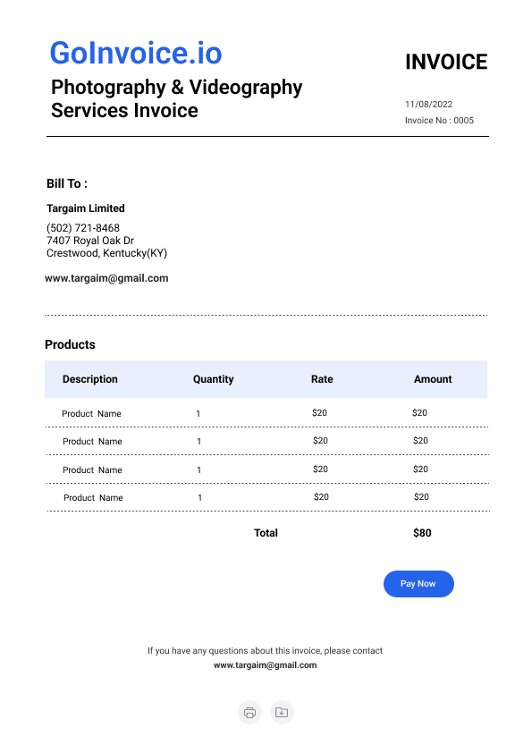 Photography & Videography Services Invoice