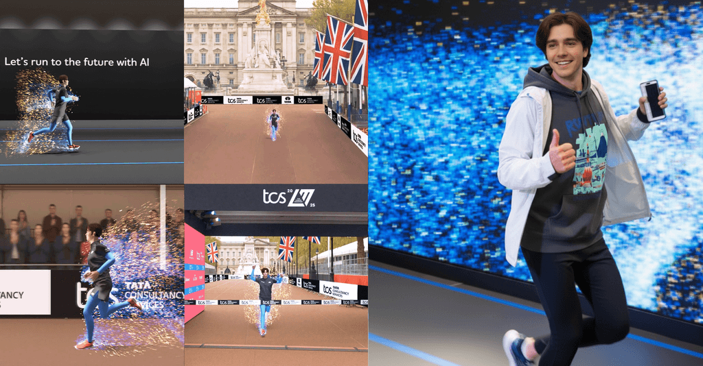 A compilation of scenes from the avatar experience at the TCS Marathon 2025 expo, showing a stylised digital runner crossing the finish line, with branded event visuals and a smiling participant holding their phone.