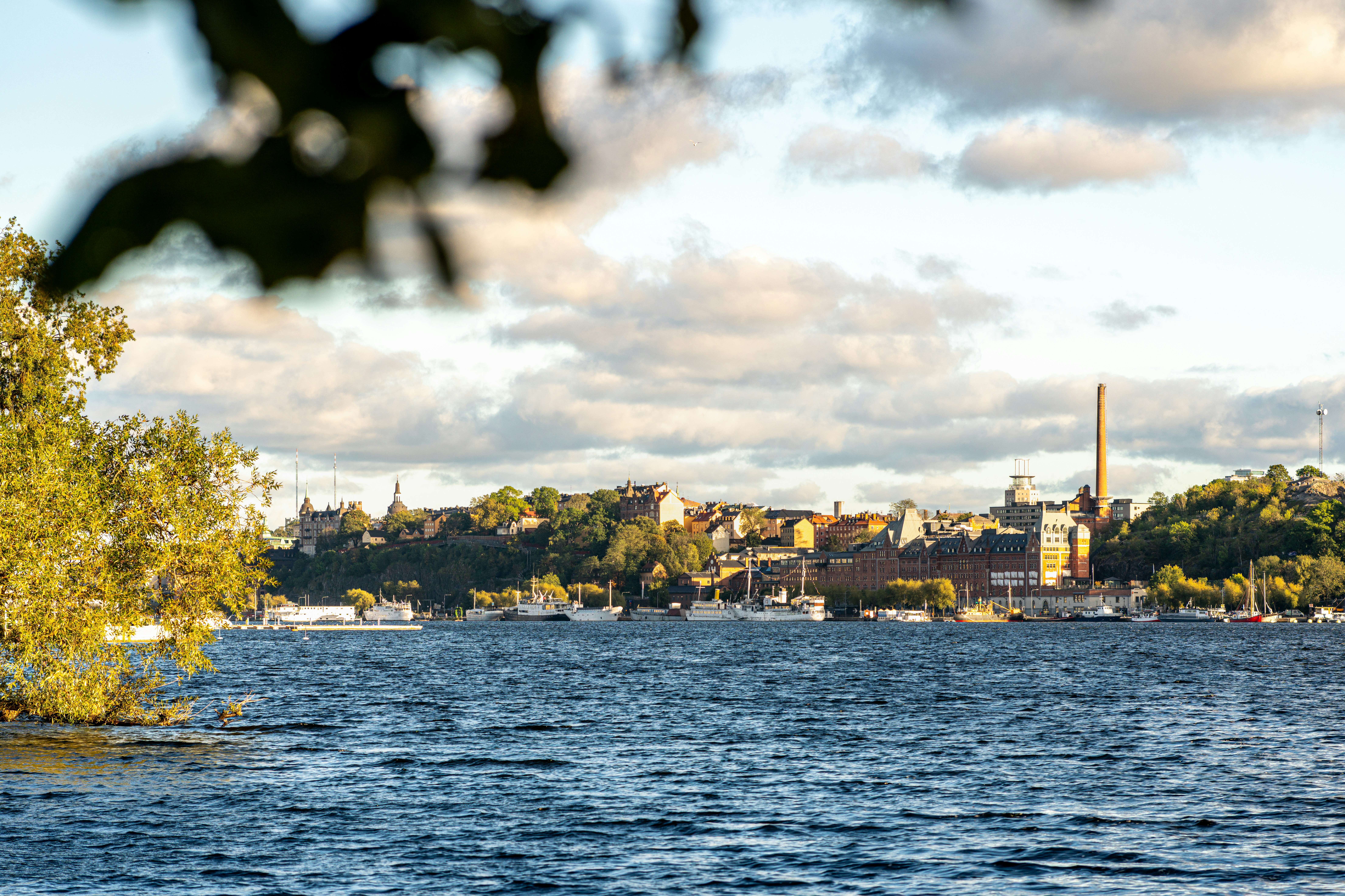 City skyline across a wide blue river with sailboats.