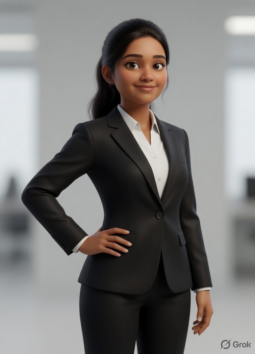 A serious-looking person with medium-length wavy hair, wearing a black coat over a brown sweater and tie, exudes a classic, sophisticated style.