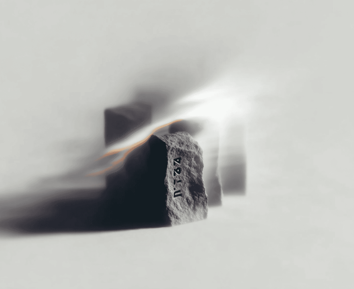 Ethereal stack of stones in hazy mist with glowing light trails. The front stone is labeled n°7.b.