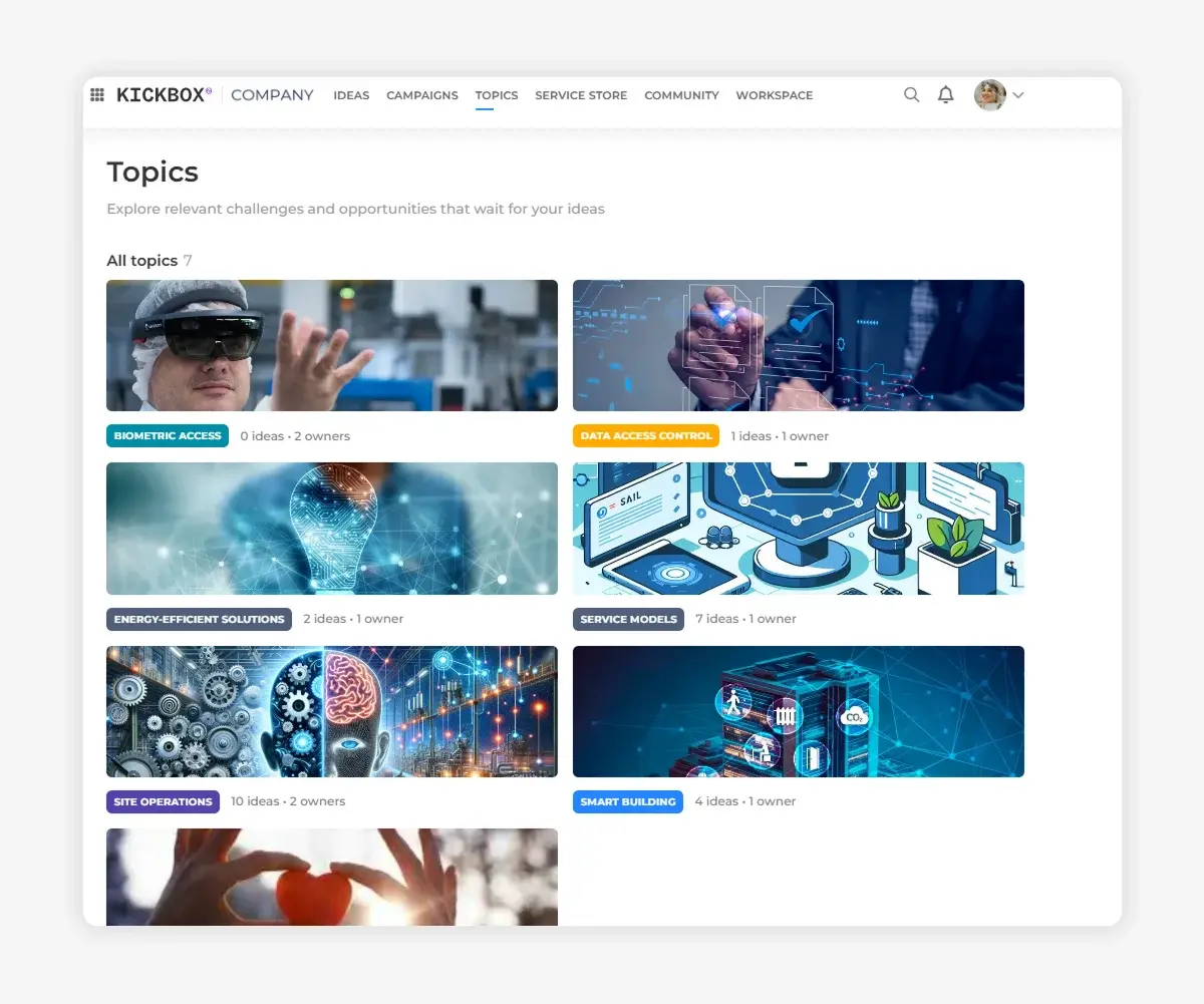 Screenshot of the KICKBOX platform “Topics” page showing various innovation categories.