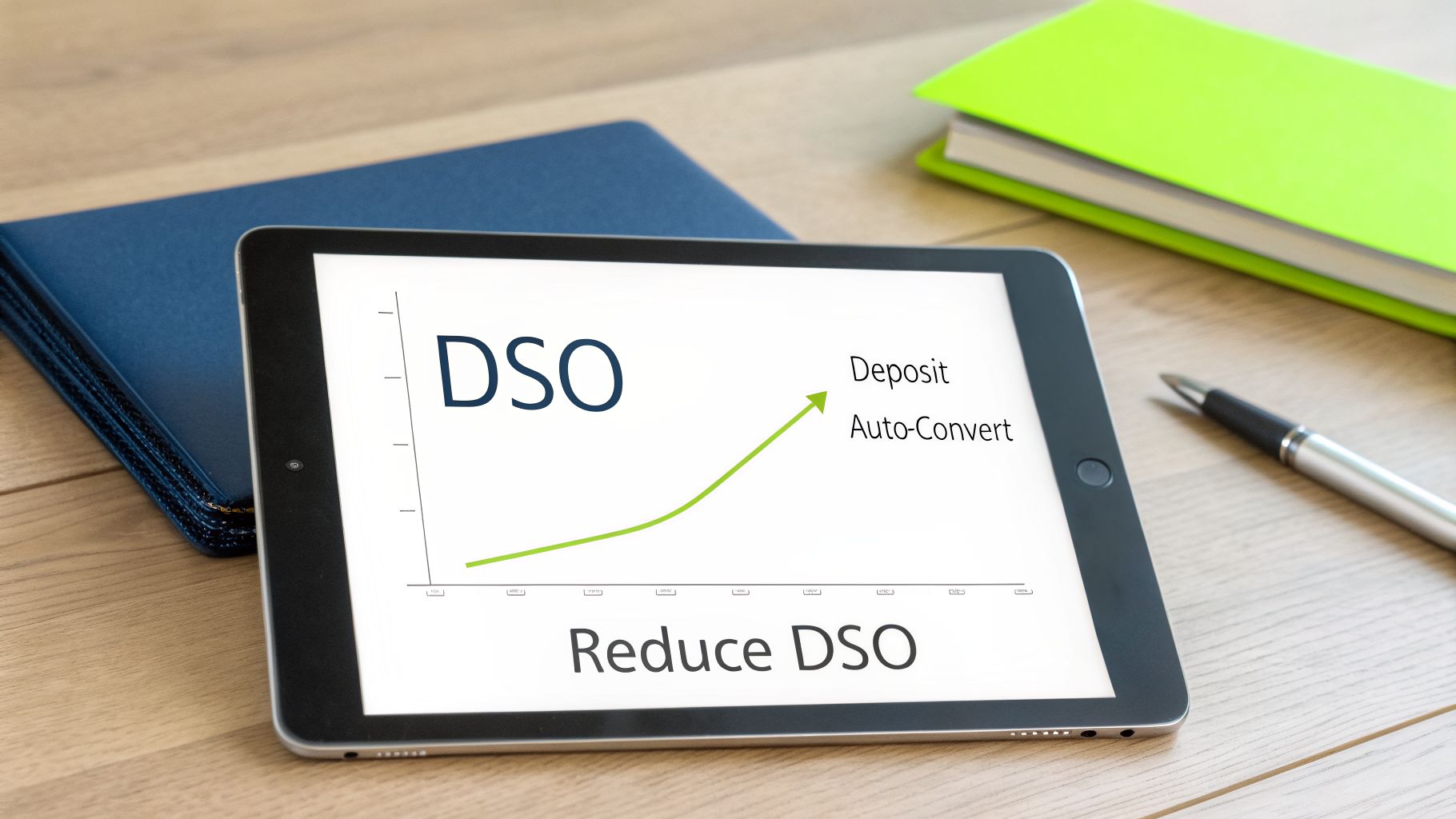 A digital tablet displays a graph illustrating how deposit auto-convert can help reduce DSO.