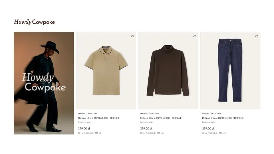 E-commerce product grid for a Western-inspired fashion collection, featuring a lifestyle hero image of a man in a cowboy hat alongside minimalist product cards for apparel.
