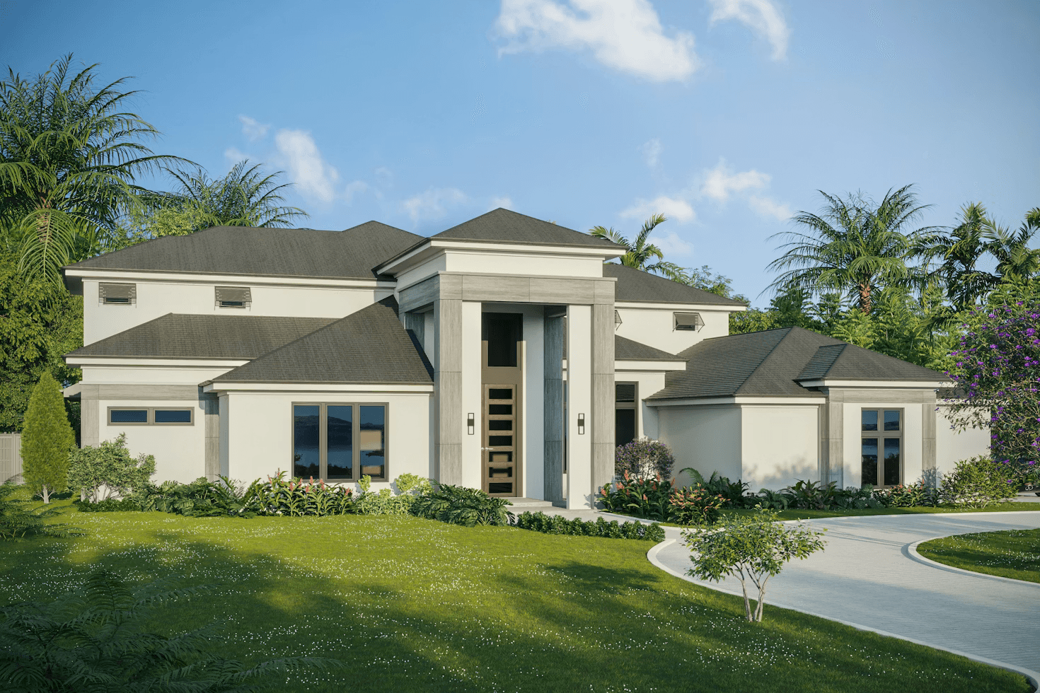Modern luxury estate home with gray shingle roof, tall columns, palm trees, circular driveway, and lush green lawn under clear sky.
