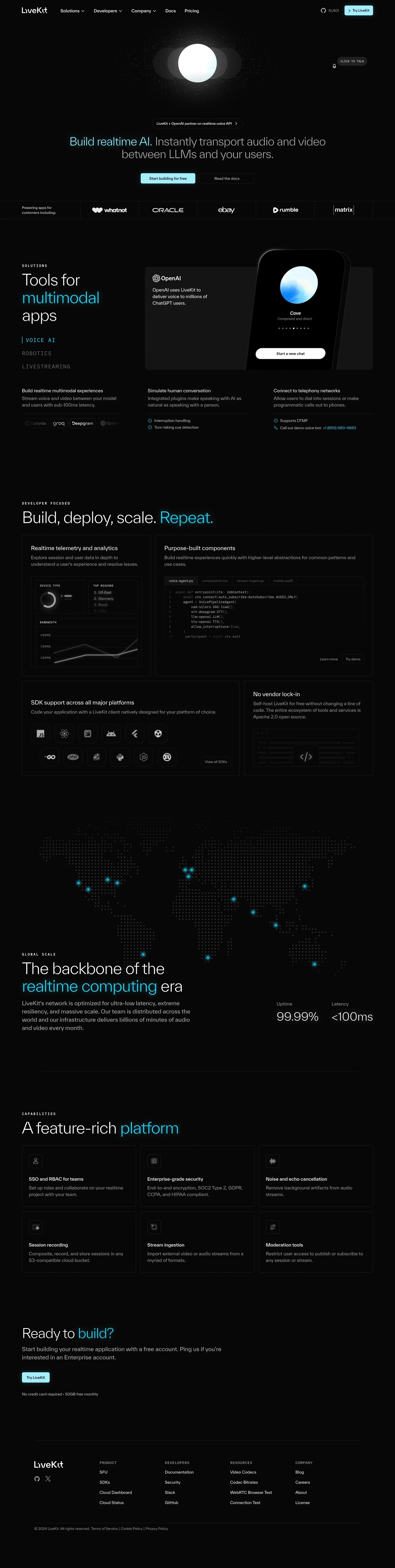 LiveKit landing page screenshot showcasing AI and Tech design