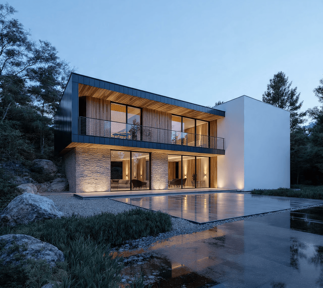 Modern two-story house at dusk, featuring large glass windows and stone facade. Warm interior lights illuminate the sleek design, surrounded by lush trees.
