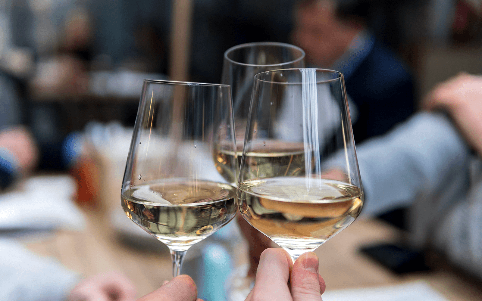 Three people toasting with white wine glasses during Porto Petisco Crawl.