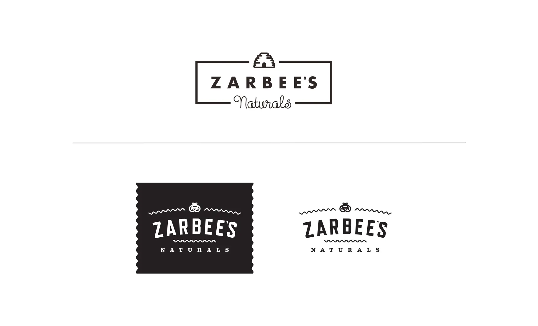 arbee's Naturals logo concept in the Modern Apothecary direction — featuring spaced serif lettering with a beehive icon inside a rectangular border, shown in three lockup variations: framed primary mark, reversed on black with wavy decorative lines, and a simplified one-color version.
