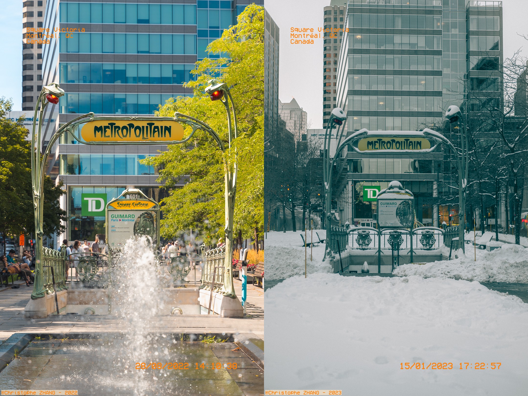 Comparaison de l'entrée du métro Square Victoria entre été et hiver à Montréal.