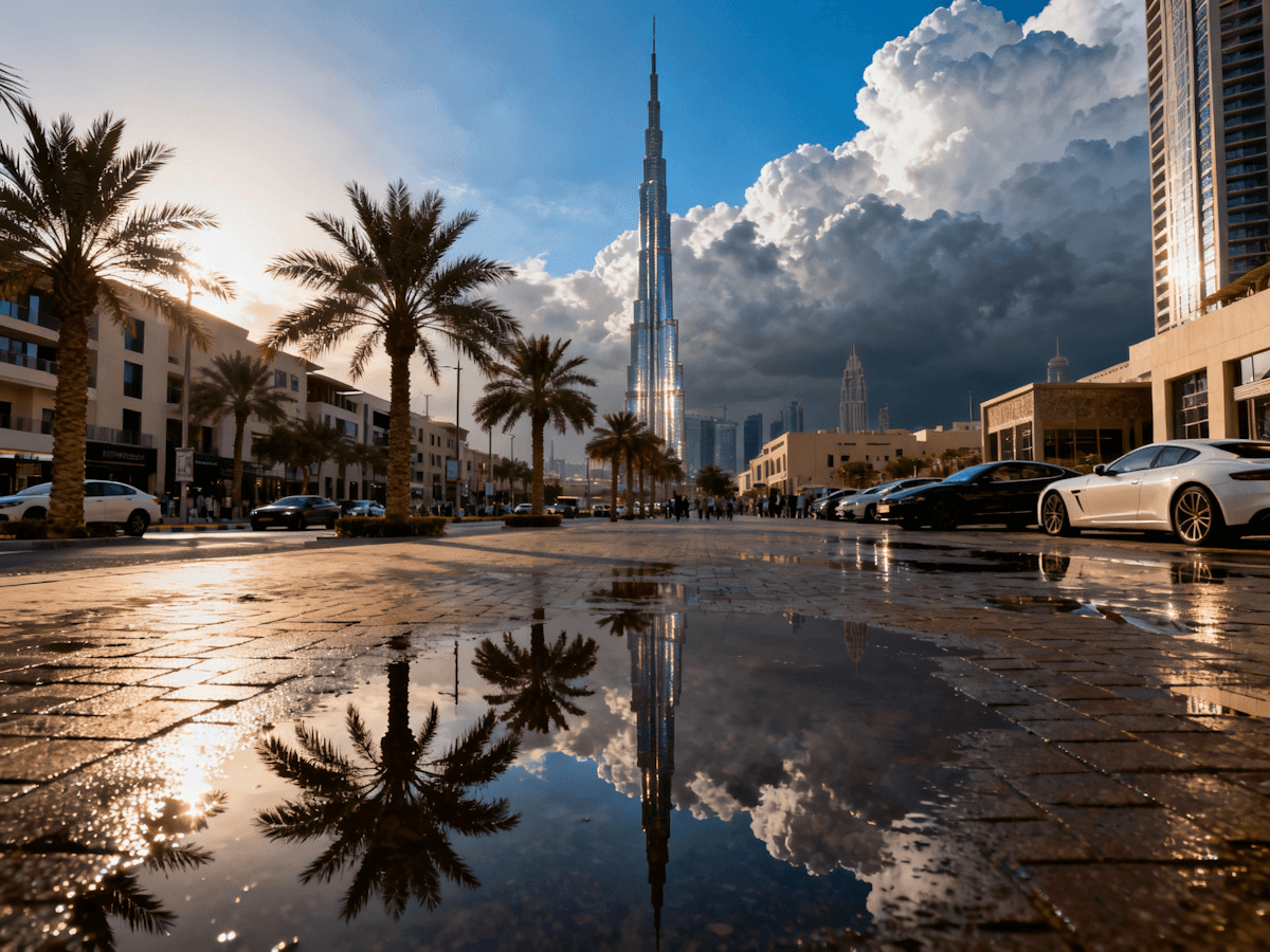 alt="Dubai city skyline with palm trees and modern skyscrapers reflecting on wet pavement."