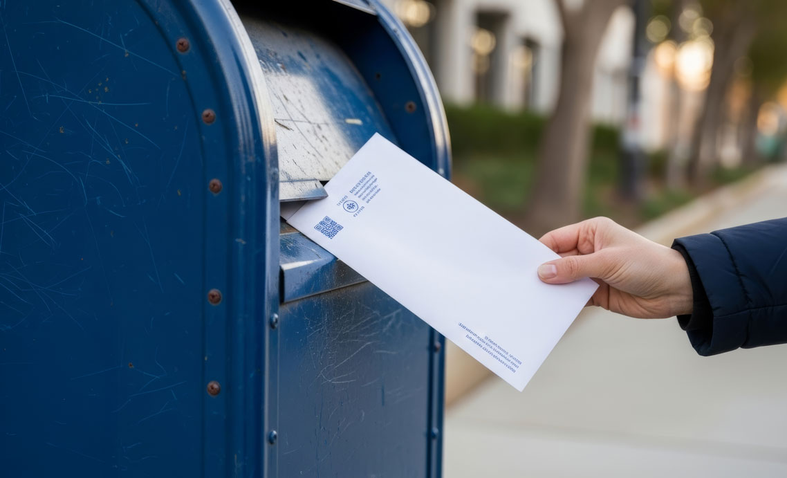 Photo of a blue mailbox, with a hand inserting mail into it.