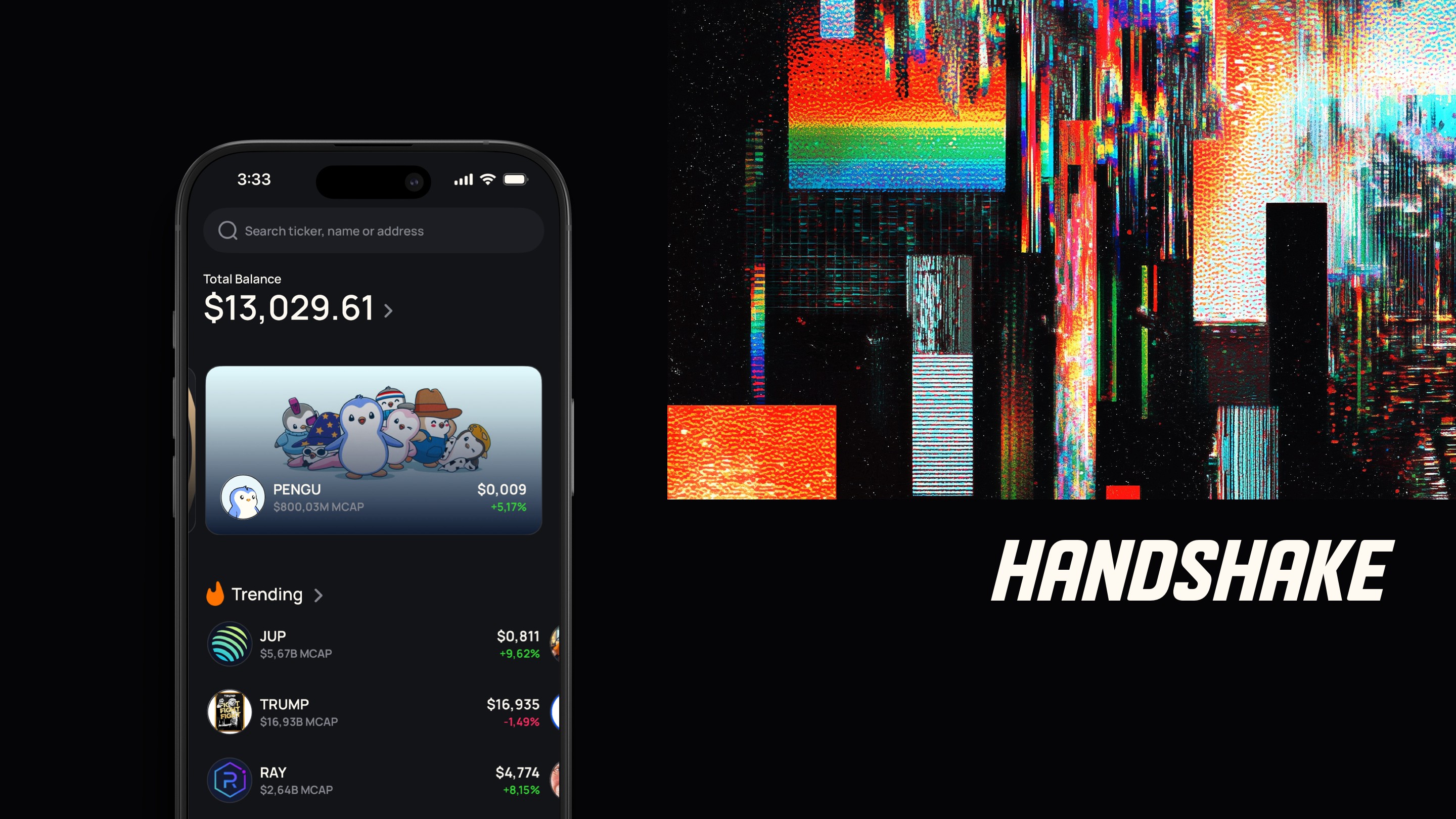 Handshake Crypto Wallet app showing wallet balance and trending memecoins
