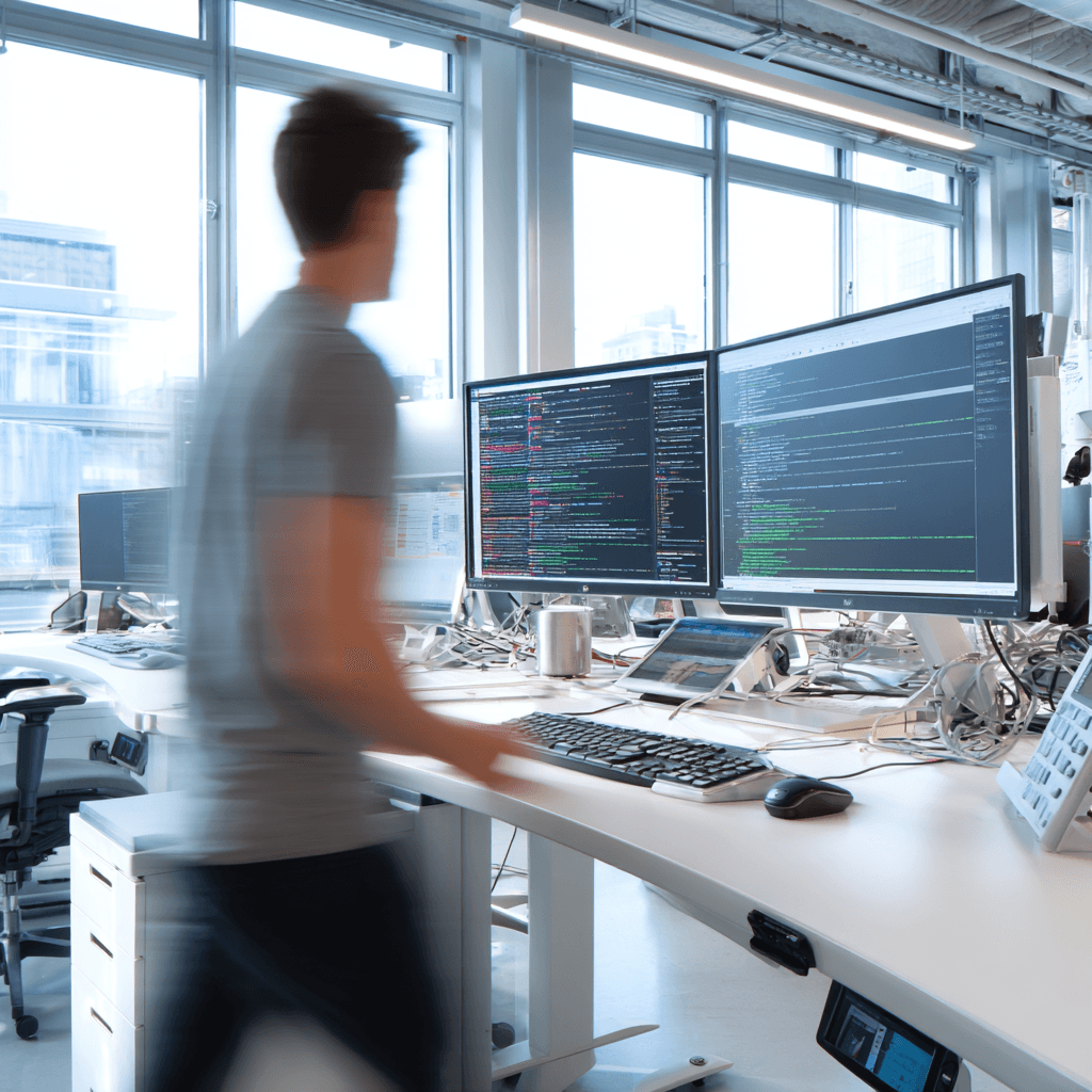A young person with curly hair smiles at the camera while sitting in front of a laptop against a dark background.
