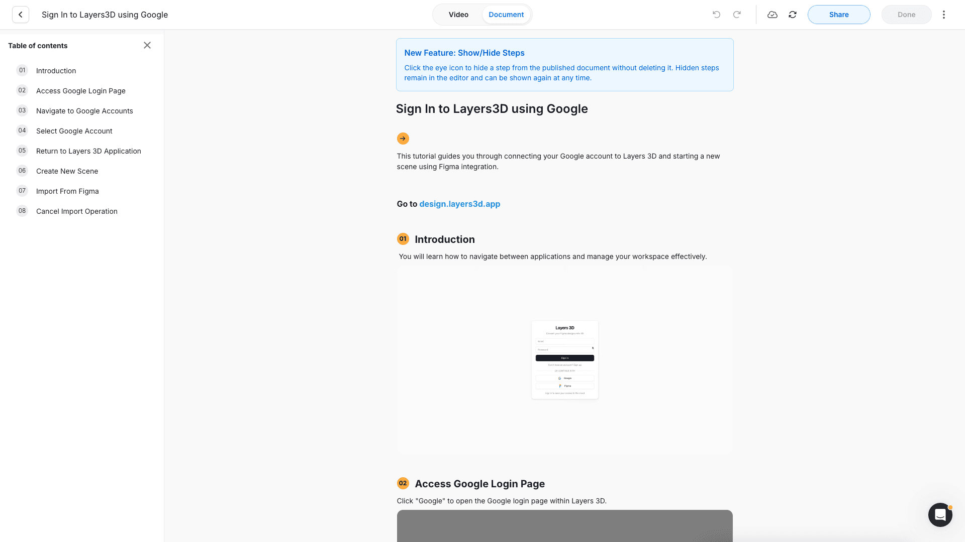 Guidde document view showing numbered steps with screenshots and table of contents