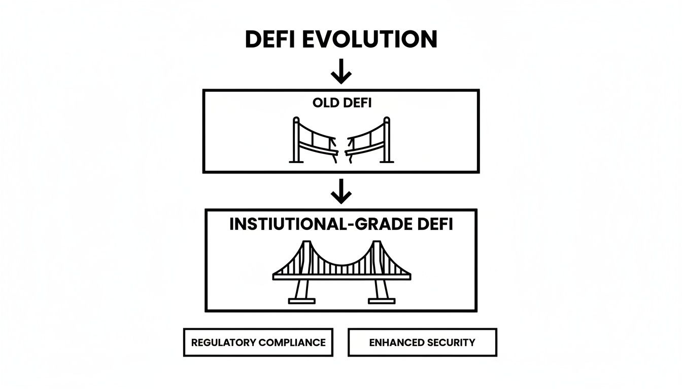 A visual diagram showing DeFi evolution from a broken bridge to institutional-grade DeFi with compliance and security.