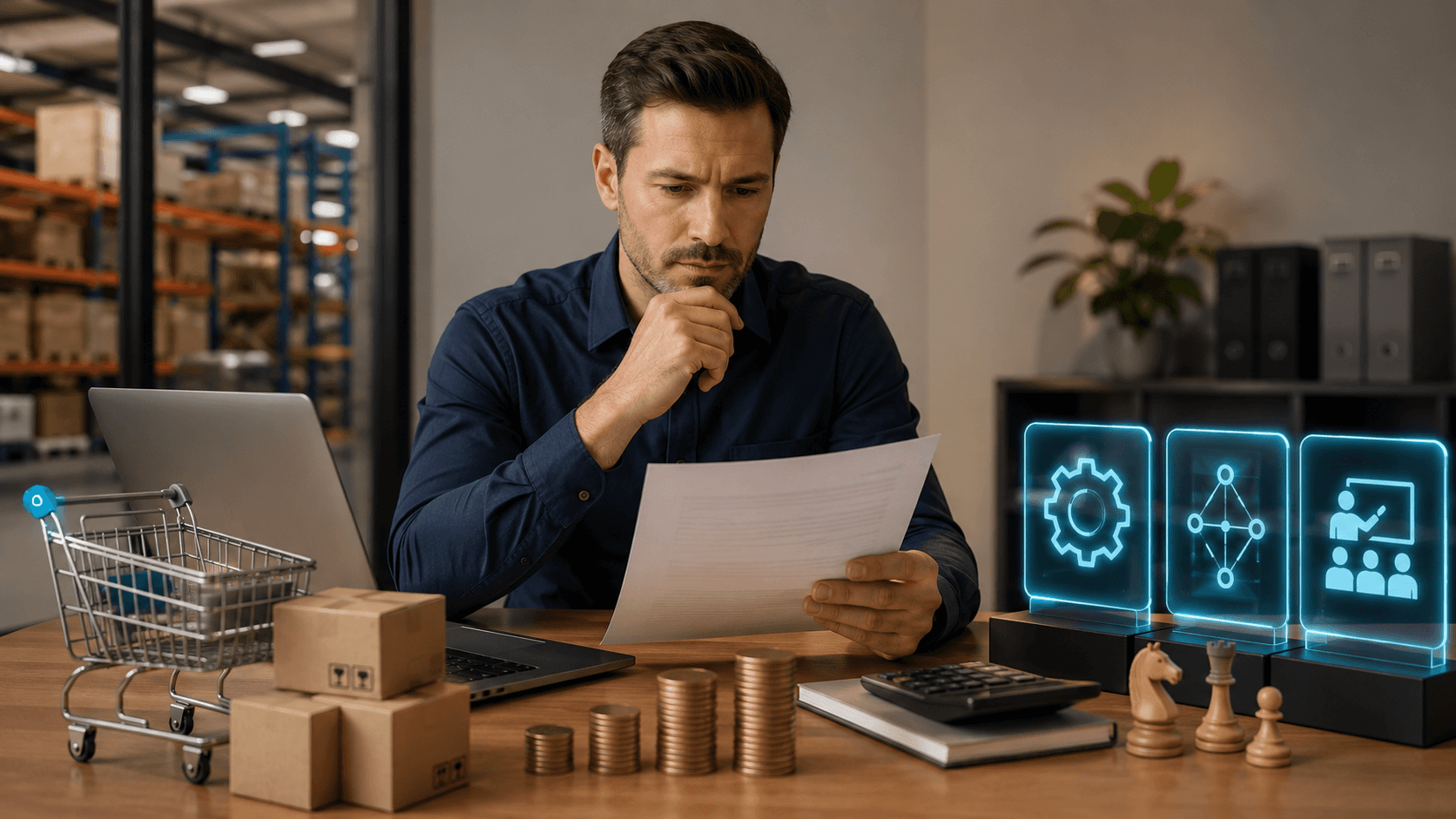 Homem analisando documentos financeiros em um escritório moderno com elementos de e-commerce B2B. Sobre a mesa há notebook, calculadora, moedas empilhadas, caixas de envio e um carrinho de compras metálico. Ao fundo, um ambiente industrial/logístico reforça o contexto de distribuição e operações B2B. Interfaces holográficas em estilo tecnológico representam integração, gestão e treinamento. A cena transmite análise de custos totais, implantação e tomada de decisão estratégica em plataformas de e-commerce B2B.