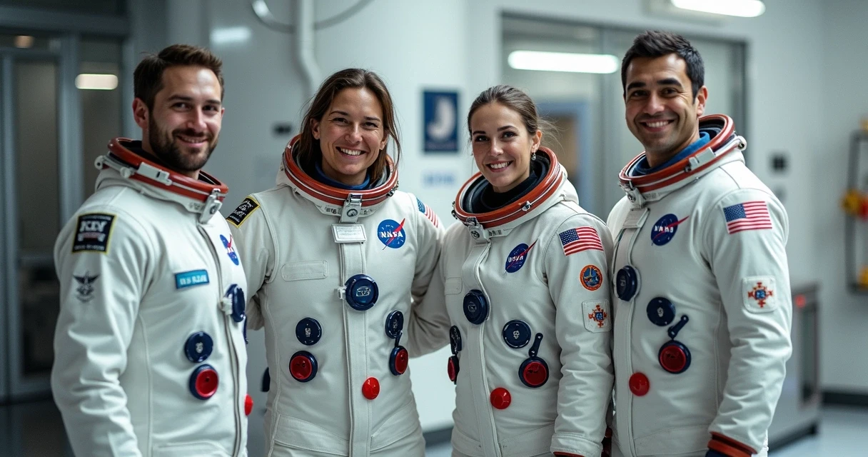 Tripulação da Artemis II em uniforme de astronauta reunida em área de preparação lunar. 