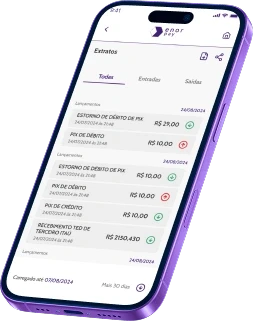 Mockup do app mostrando extrato e lista de transações com valores e status