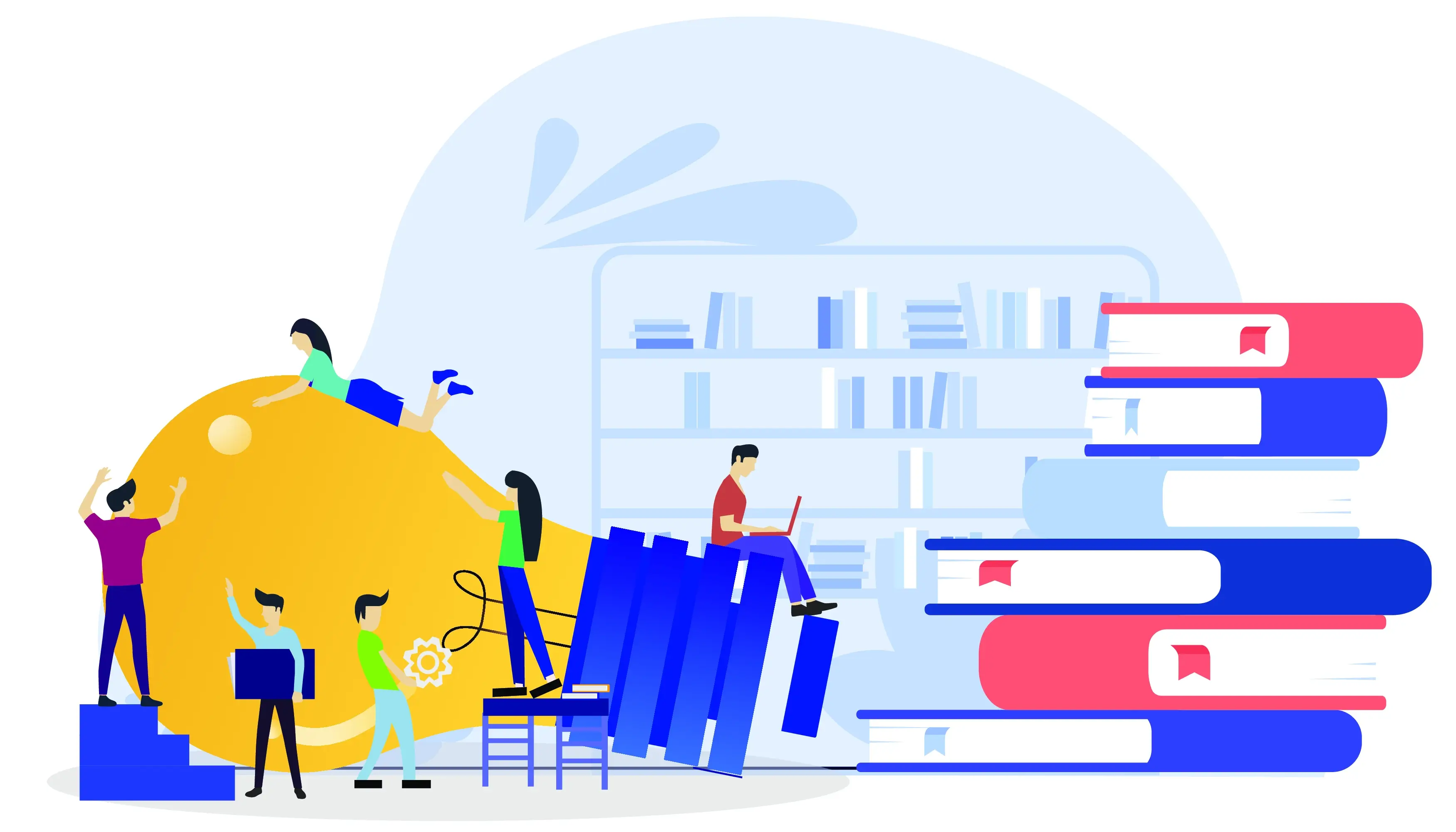 illustration of books people in a library with visual metaphor of a big light bulb as a big idea